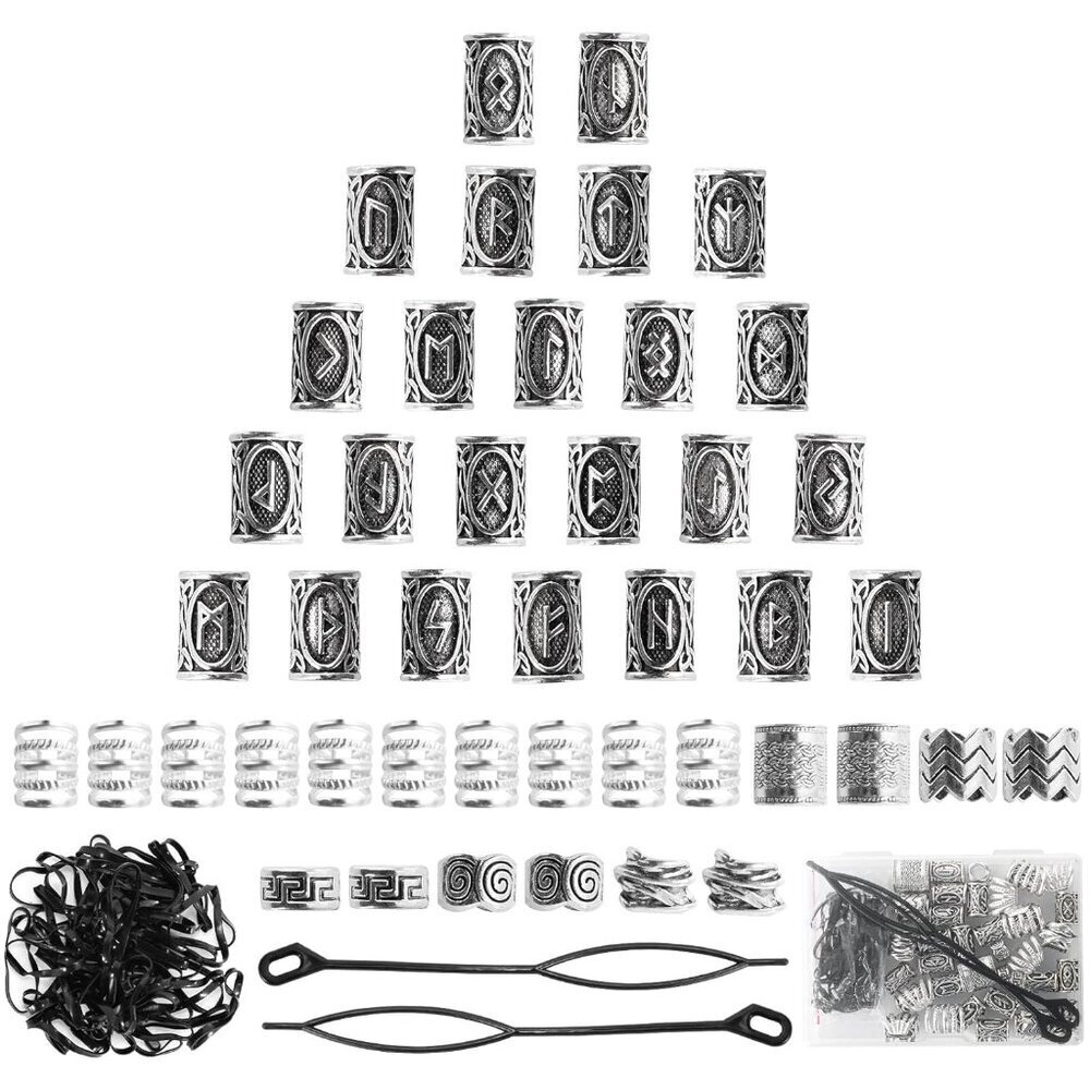 76PCS Vikings Hair Jewelry Norse Runes Tube Beads, Metal Clips Cuffs Rings, Acce